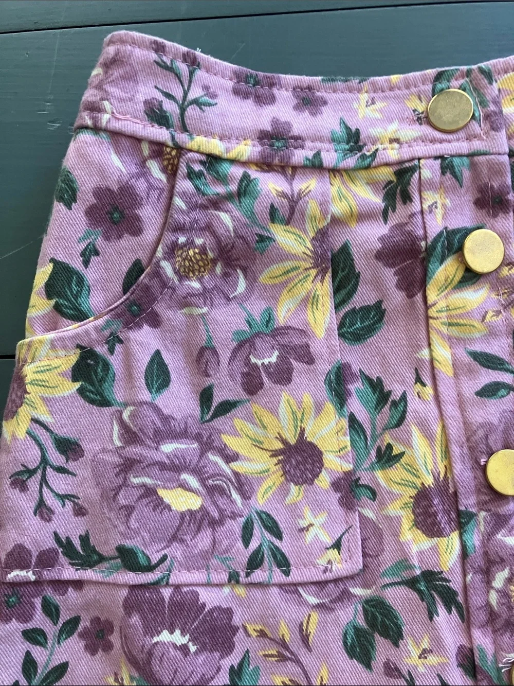 Girls Size 3-4/EU 104 Cotton Pink+Yellow Floral Button Embellished Skirt NWOT